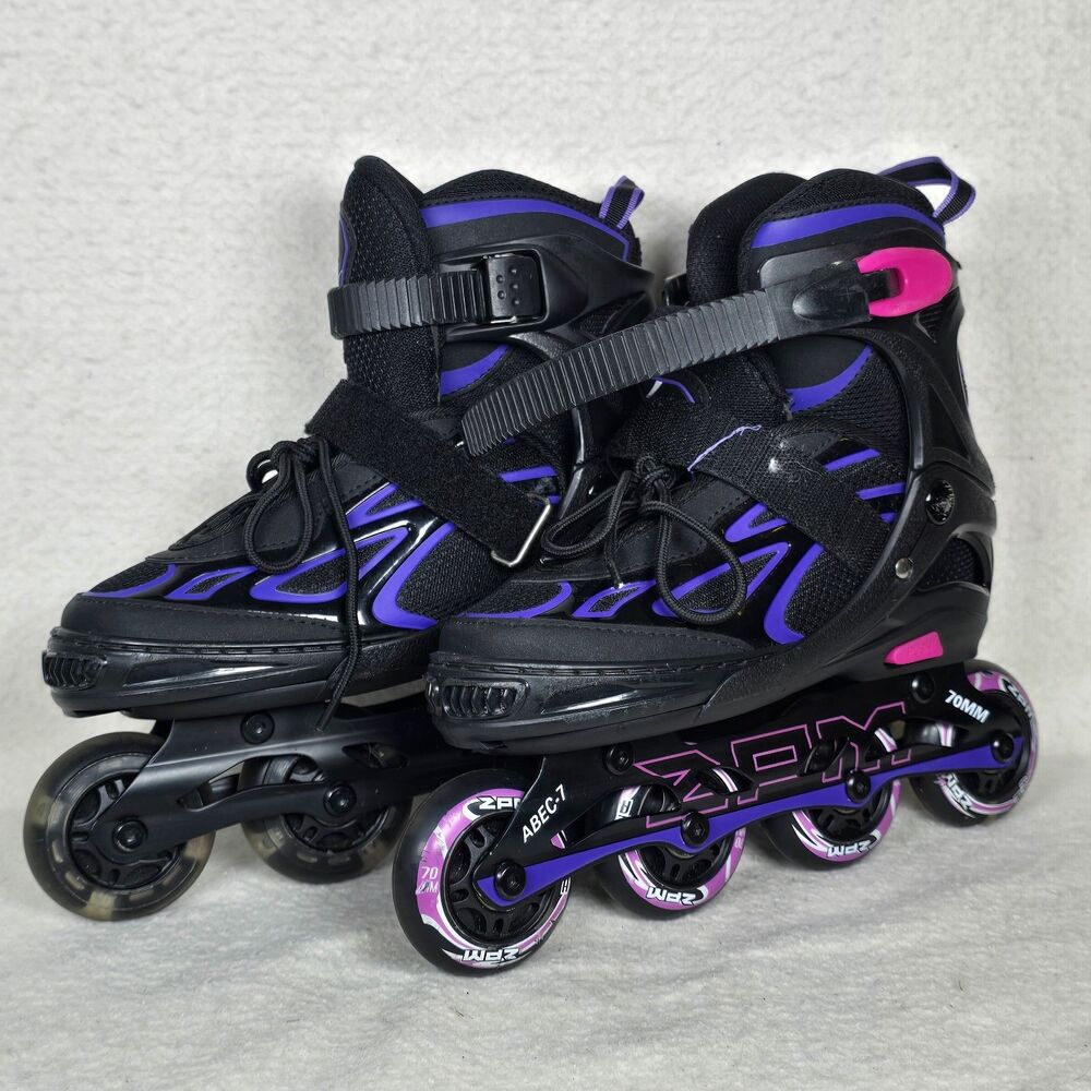 2PM Sports Youth Roller Blades Skates Adj size 1-4y Black Purple Pink 76mm LED